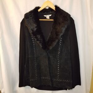 Peter Nygard Womens SZ XL 18-20 Black Leather Sweater Jacket Knit Faux Fur